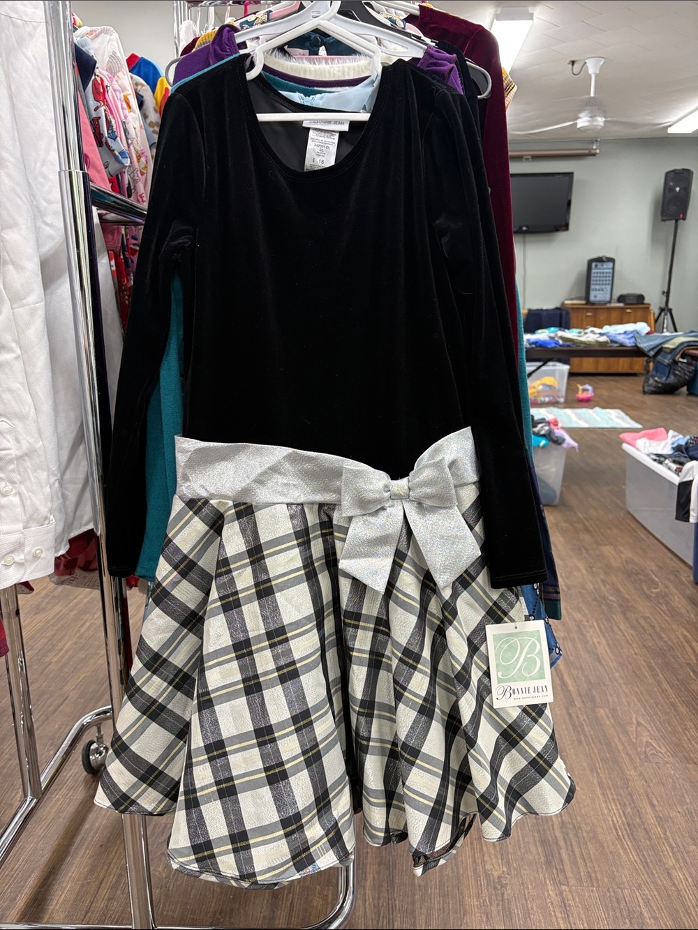 Bonnie Jean Black Velvet Top Ivory Plaid Skirt Dress with Silver Bow
